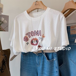 韩国番茄狗狗印花tee T恤女 爽滑舒适透气雪花棉圆领宽松休闲短袖