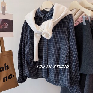 复古小圆领~深蓝配色 柔软磨毛两侧褶皱百搭叠穿长袖格子衬衫女