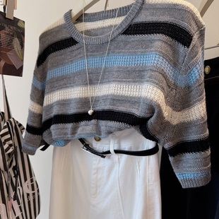 针织衫 松软舒适复古拼色条纹短袖 女 韩国%31.2绵羊毛 温柔秋日