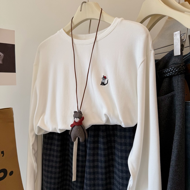 韩国五色卡通刺绣磨毛内搭T恤