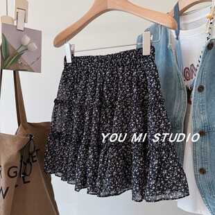 甜辣女生 复古褶皱粉色小碎花松紧腰显瘦蛋糕裙防走光a字短裙女