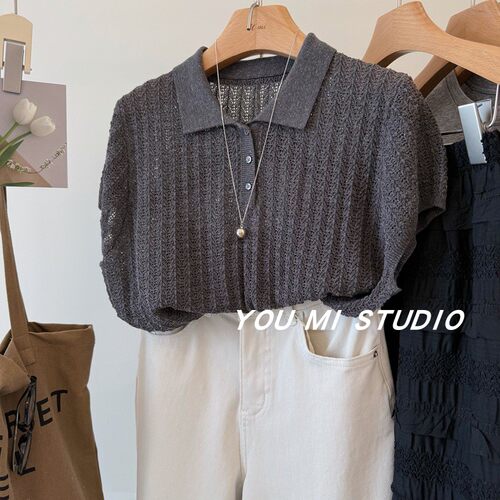 经典两色韩国气质翻领包袖针织衫