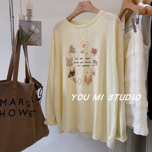 休闲长袖 宽松舒适中长款 T恤女 韩系慵懒卡通集大合印花 趣味日常