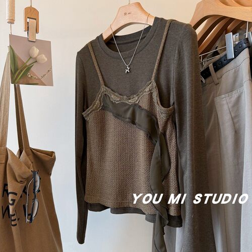 木耳边飘带假两件针织气质上衣t