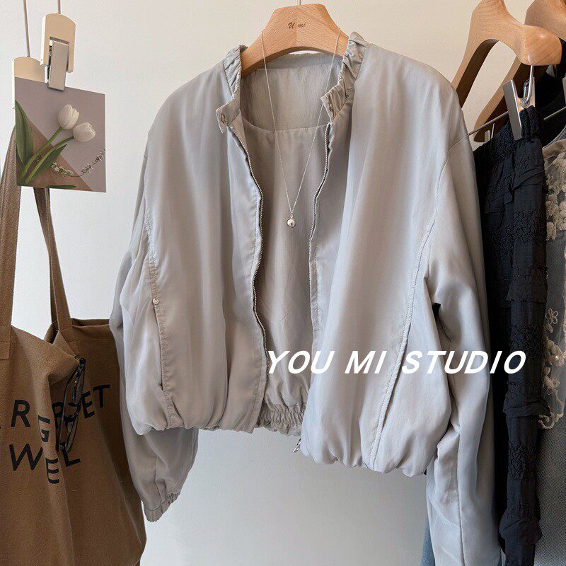 韩国new26春季 网纱拼接 褶皱领百搭休闲宽松拉链短款夹克外套女