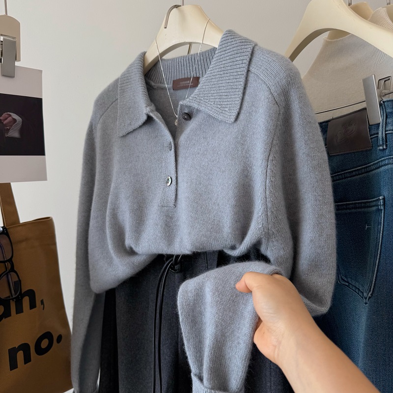 韩国三粒扣山羊绒绵羊毛翻领毛衣