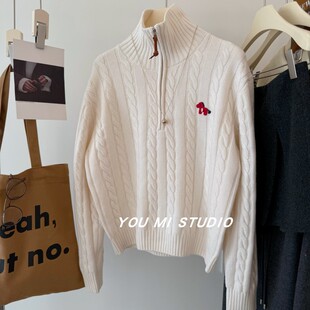 韩国小马刺绣 %100绵羊毛皮拉链慵懒厚实宽松套头半高领麻花毛衣