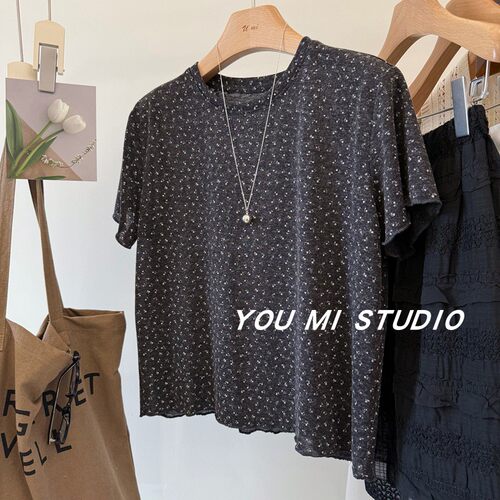 超美复古小碎花tee韩系木耳边T