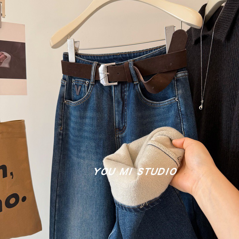 爆款延续前后v字显瘦加绒牛仔裤