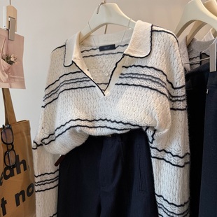 韩国高货 山羊绒绵羊毛 重工织花拼色软糯翻领宽松毛衣女套头上衣