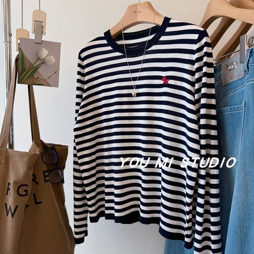 韩国桑蚕丝软糯肤感小马条纹毛衣