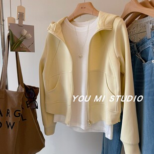 版 太空棉双拉链长袖 型好 显瘦连帽短款 卫衣外套女 修身 松弛慵懒风