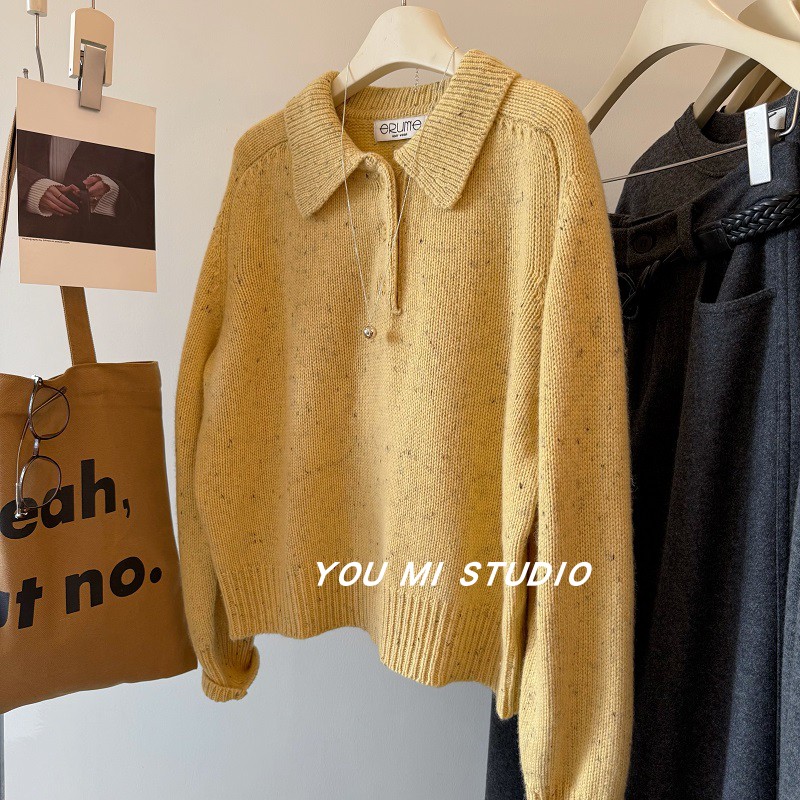 法式翻领100羊毛套头夹花针织衫