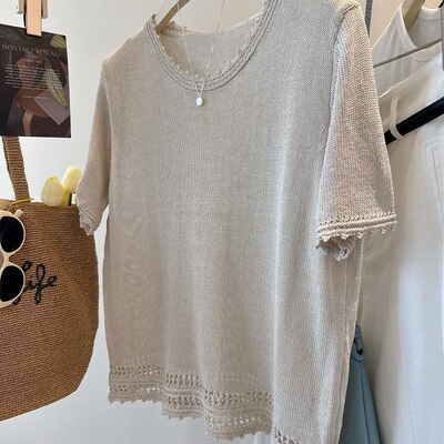 蕾丝钩花花边圆领套头冰丝小衫T
