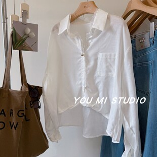 好仙呀！韩国蕾丝花边拼接下摆打结翻领亚麻天丝高级感白衬衫女