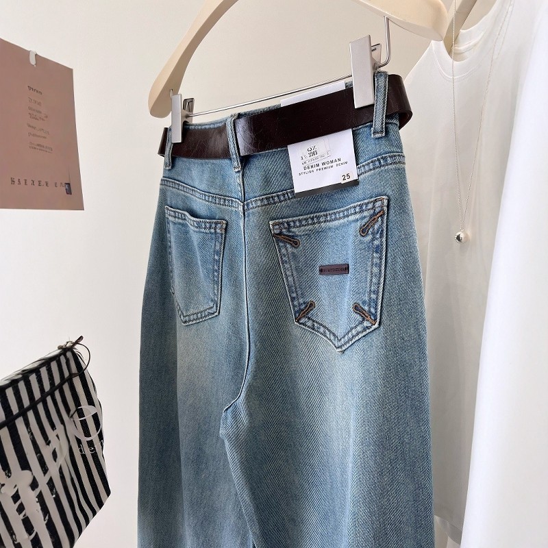 松弛感弯刀裤 ！后口袋刺绣贴标 配腰带宽松直筒阔腿裤牛仔长裤女,女装/女士精品,牛仔裤,淘宝优惠券,粉丝福利购,淘宝优惠卷
