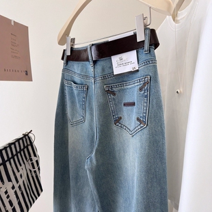 松弛感弯刀裤 ！后口袋刺绣贴标 配腰带宽松直筒阔腿裤牛仔长裤女