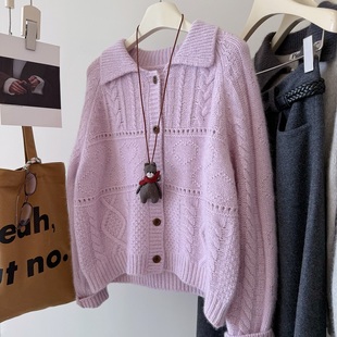 色系美美哒！翻领编织麻花软糯厚实保暖绵羊毛针织开衫女宽松外套