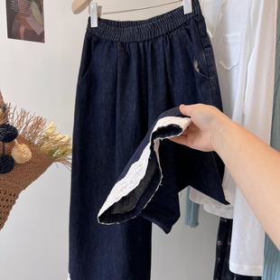 时髦新宠！韩国复古蓝蕾丝裤脚拼接宽松休闲直筒裤八九分牛仔裤女