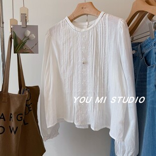 衬衫 小衫 女 蕾丝边前襟刺绣钩花清新亚麻透气薄款 温柔复古风琴褶