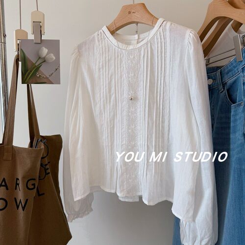 温柔复古风琴褶蕾丝刺绣亚麻小衫