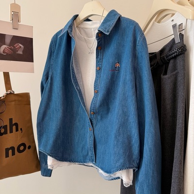 韩国秋冬卡通刺绣加绒牛仔衬衫女