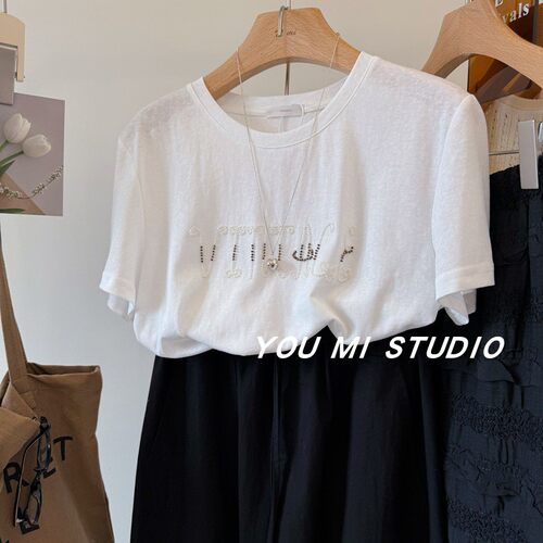 韩国手工钉珠字母雪花棉短袖T恤