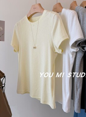 韩国one 版型绝绝子 领口铁片螺纹棉显瘦弹力圆领宽松短袖T恤女
