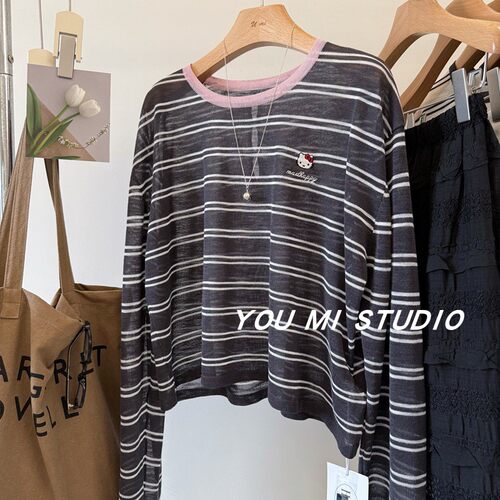 韩国四色kitty猫刺绣冰丝条纹衫