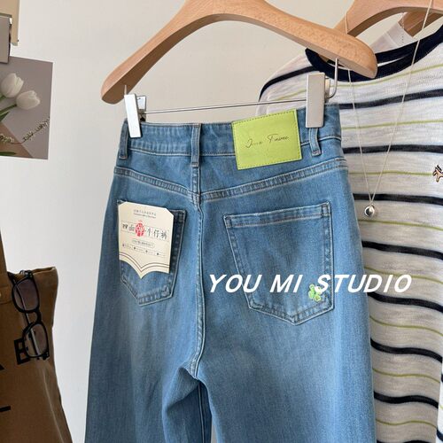 韩国四叶草刺绣四面弹直筒裤九分