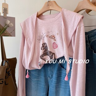 韩国温柔三色 趣味小马印花设计感带披肩舒适透气宽松两件套T恤女