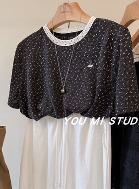 裙摆女孩刺绣~韩系小众复古蕾丝花边领麻料碎花亲肤舒适短袖T恤女