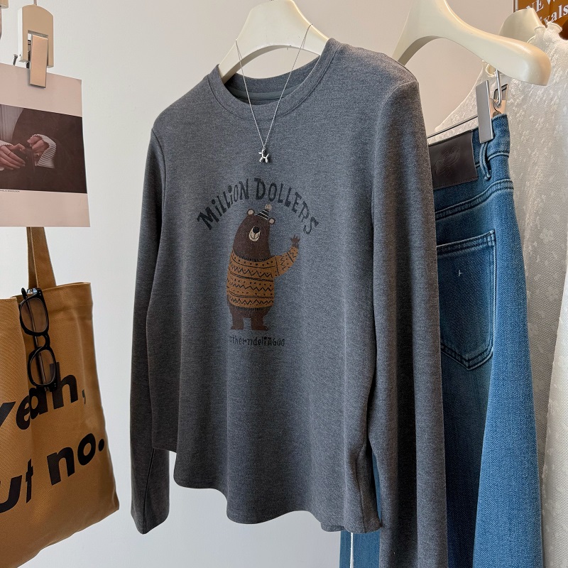 挥手小熊印花磨毛加厚长袖T恤女