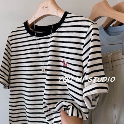 舒适好穿条纹tee小马刺绣短袖t