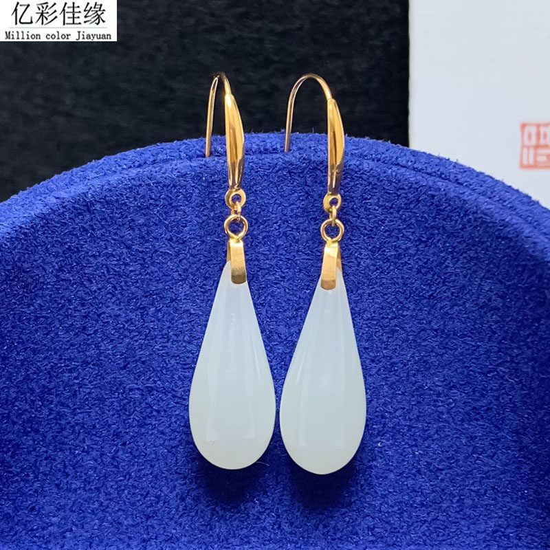 18K黄金耳钩 天然和田玉白玉水滴耳坠 女玫瑰金耳环耳钉 带证书