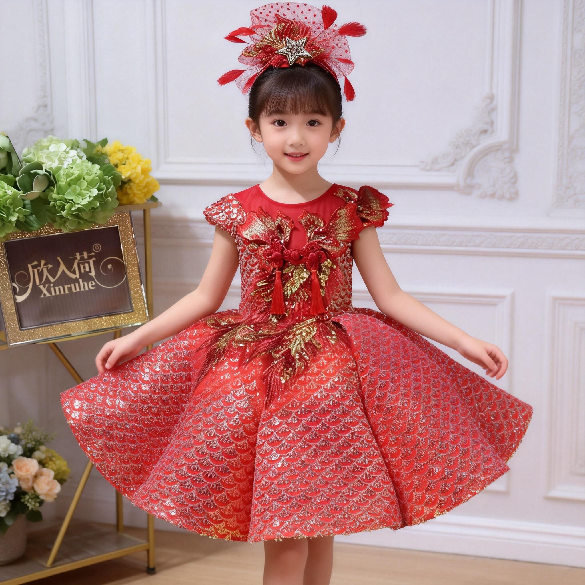 欣入荷红色中式儿童礼服图片