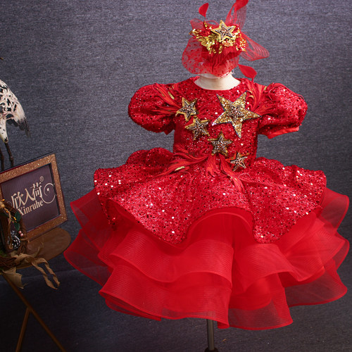 女童阳光快乐唱红歌红色短款礼服