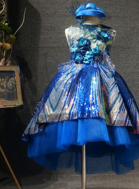 欣入荷儿童前短后长主持钢琴演出服女童蓝色渐变亮片蓬蓬裙公主裙