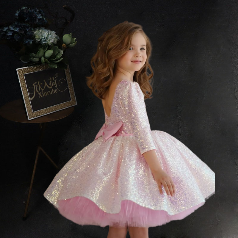 儿童礼服公主裙走秀女童钢琴演出服洋气小女孩主持晚礼服粉色