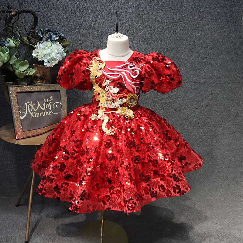 欣入荷红色春节演出元旦合唱主持拍摄生日短款蓬蓬裙