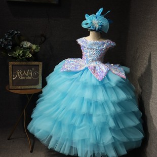 欣入荷长款 儿童礼服演出服公主裙天蓝蛋糕网纱蓬蓬裙主持走秀合唱