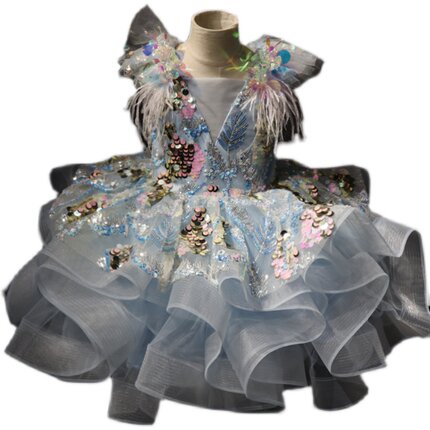 儿童蓝色短款奢华亮片儿童礼服演出服裙蓬蓬裙花童快乐阳光主持短