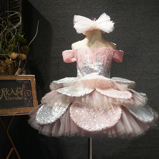 儿童礼服一字肩短款亮片渐变蓬蓬裙公主裙女童花童主持钢琴演出服