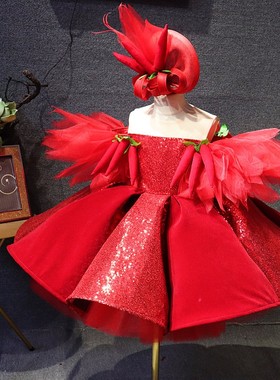 儿童短款红色亮片红辣椒红红火火蓬蓬裙主持走秀六一演出表演服