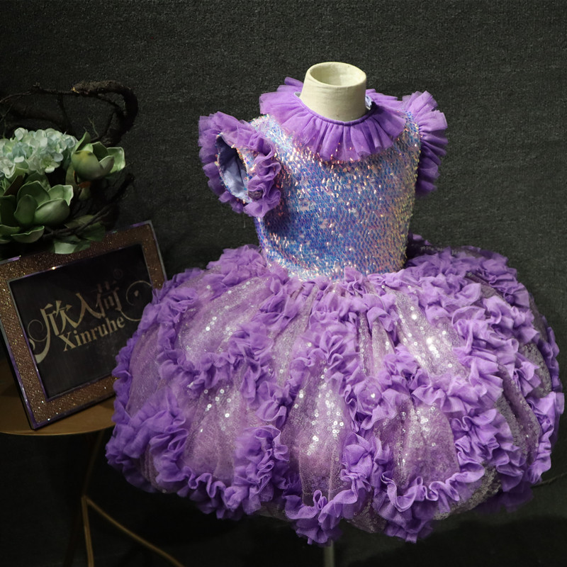 儿童黄紫色短款亮片泡泡袖可爱女童团体合唱舞蹈演出礼服主持走秀