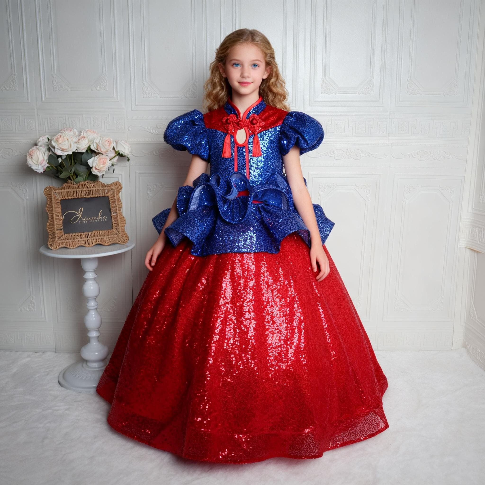 欣入荷女童亮片泡泡袖长款礼服