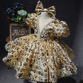 欣入荷短款 亮片儿童礼服公主裙蓬蓬裙走秀主持生日摄影独唱金色