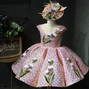 粉色亮片短款蓬蓬裙舞台演出服紫色郁金香主持人歌唱朗读比赛礼服