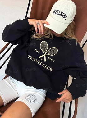 2025秋冬美式复古运动网球俱乐部字母长袖圆领套头健身情侣厚卫衣