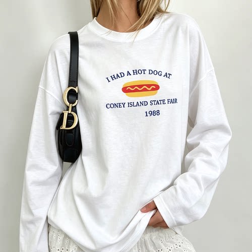 美式复古hotdog热狗1988年代字母插画面包长袖慵懒风度假秋冬T恤